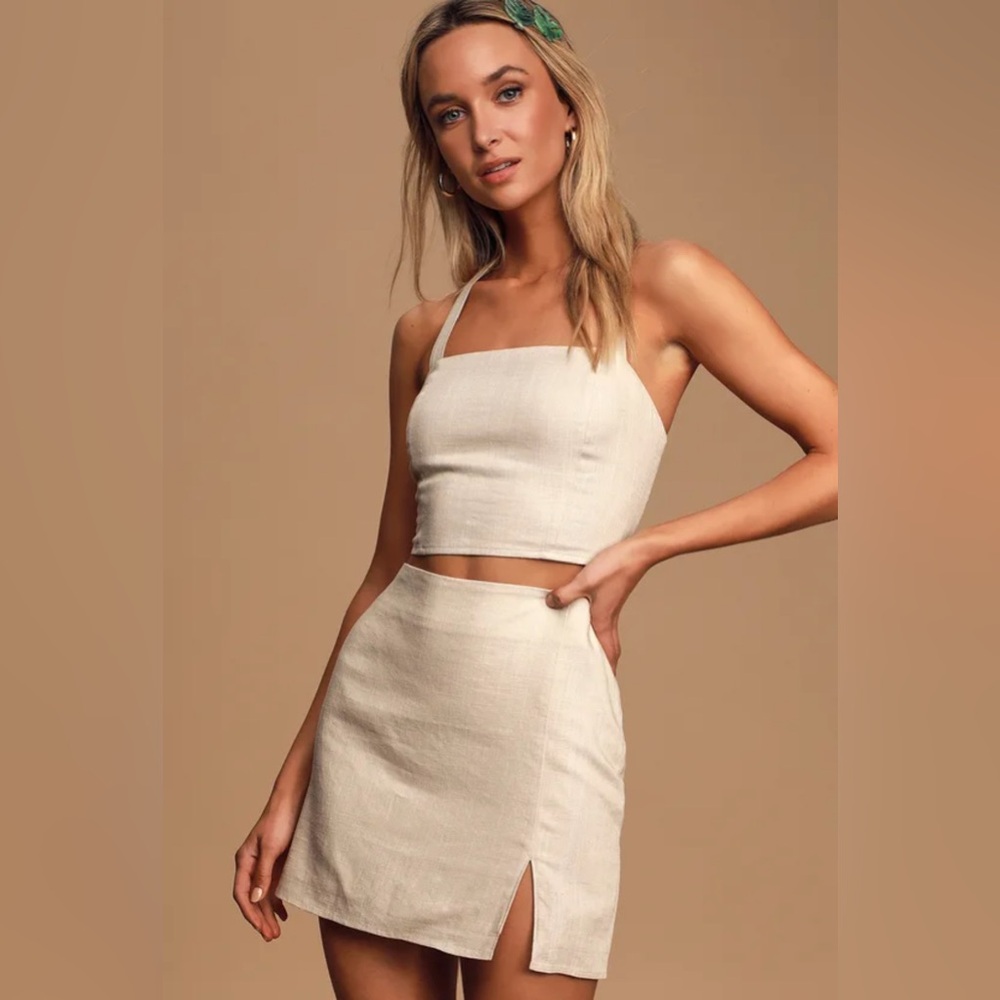 Lulus Double Digits Beige Linen Skirt Set